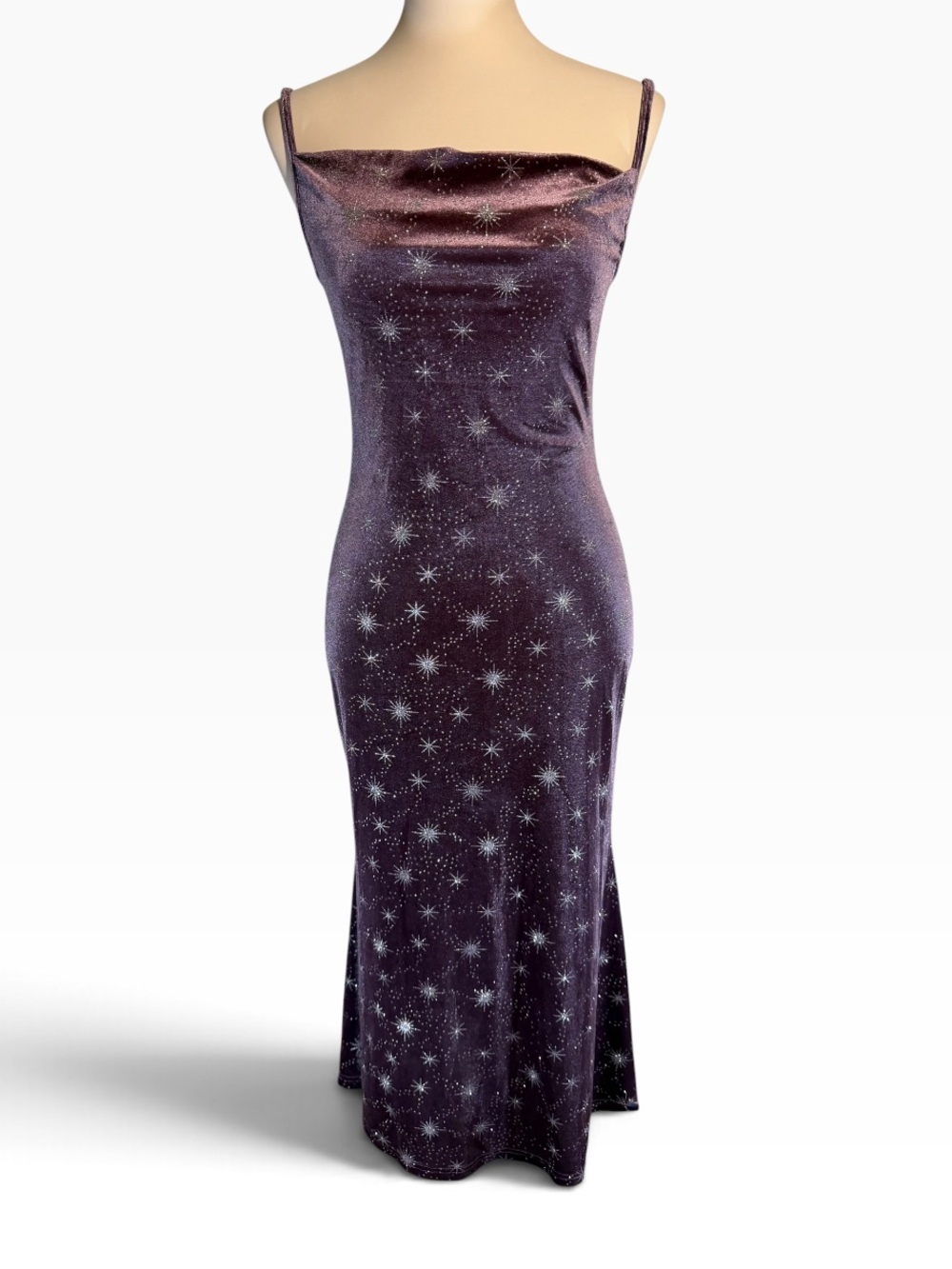 Cider Velvet Star Glitter Cowl Neck Slip Midi Dress S Purple Whimsigoth